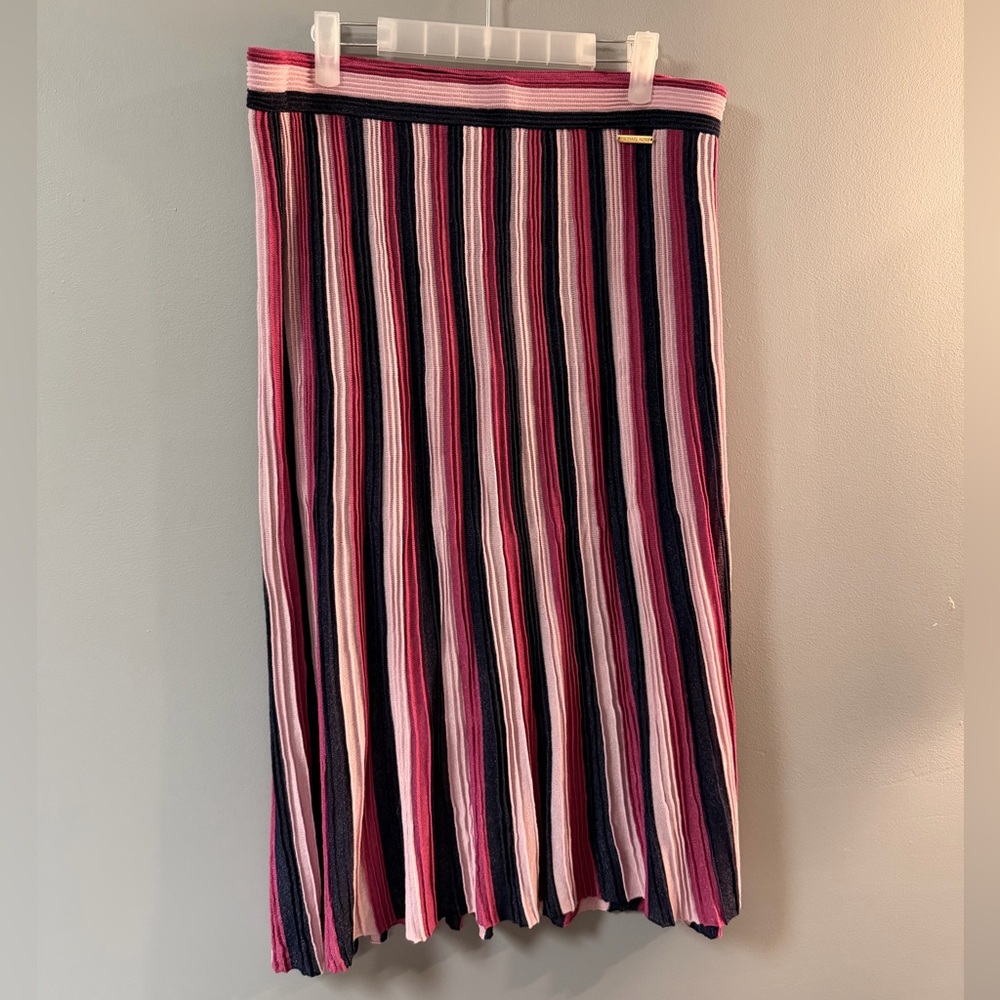 Michael Michael Kors Ribbed Knit Midi Skirt – Pink Stripe | Size L - Picture 2 of 7